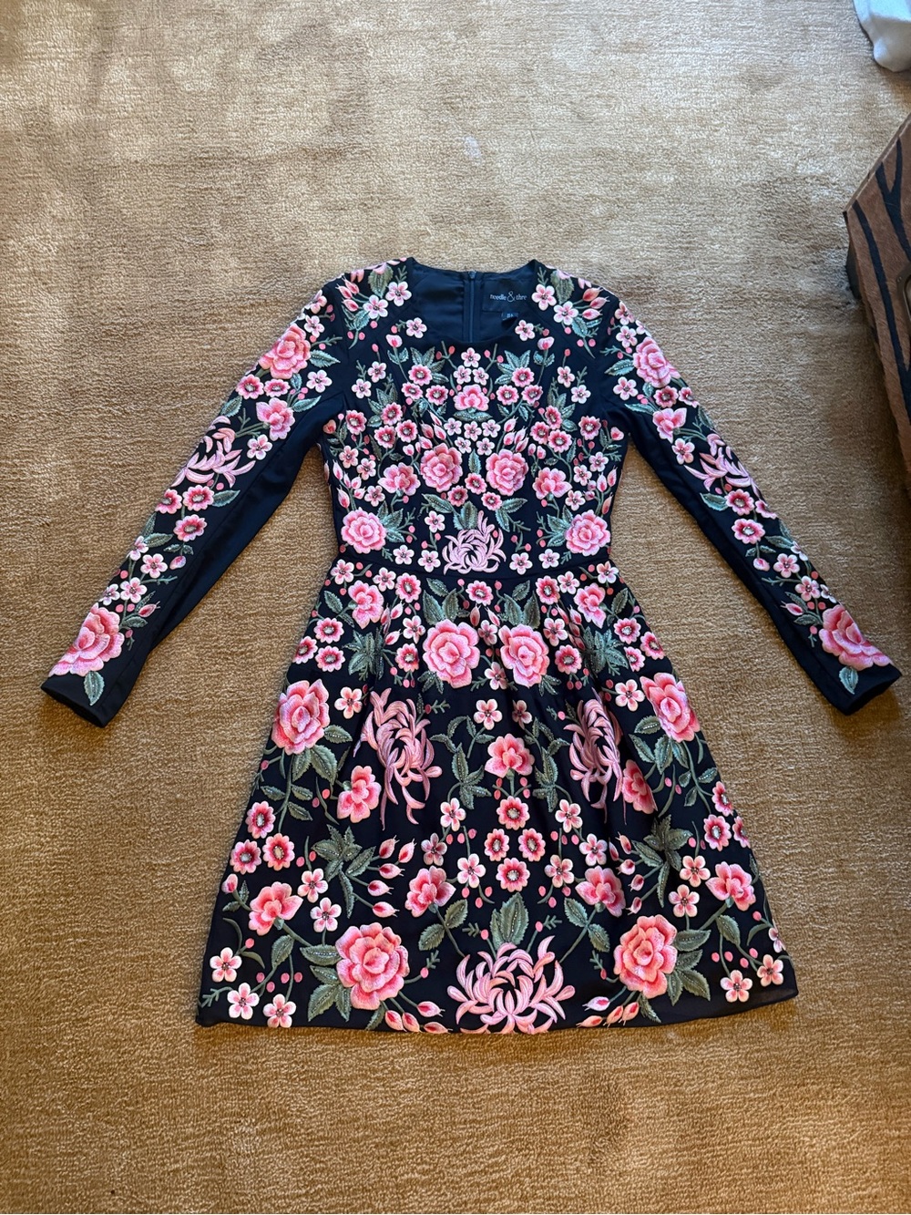Needle & Thread Black Mini Dress with Pink and Green Floral Embroidery - Picture 2 of 4